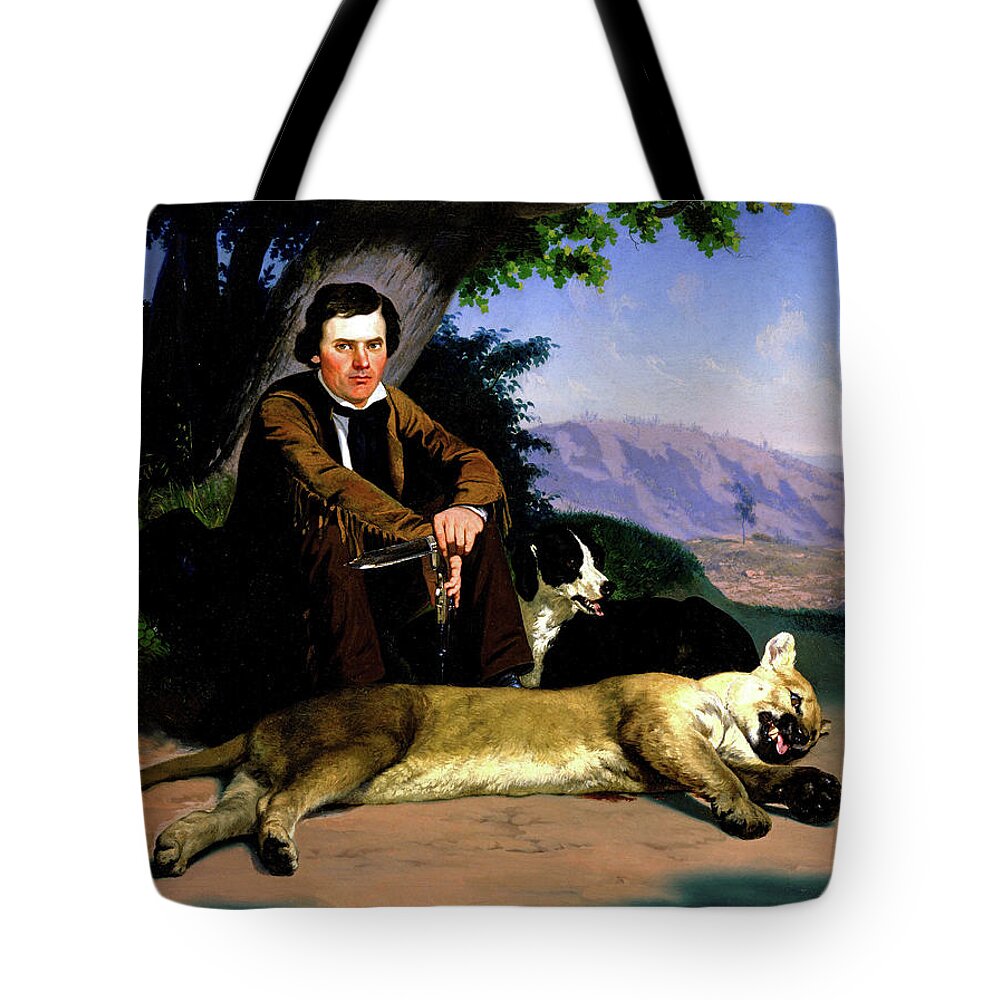 Charles Christian Nahl Tote Bag featuring the painting Peter Quivey and the Mountain Lion by Charles Christian Nahl