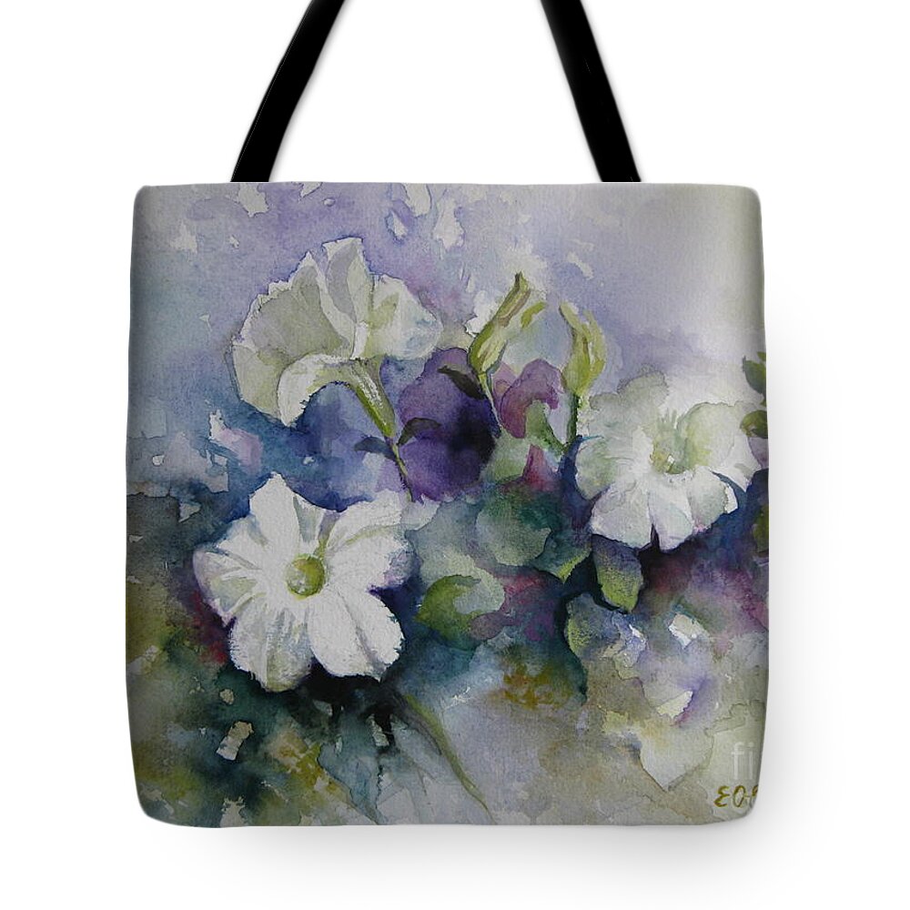 Petunias Tote Bag featuring the painting Petunias in summer by Elena Oleniuc