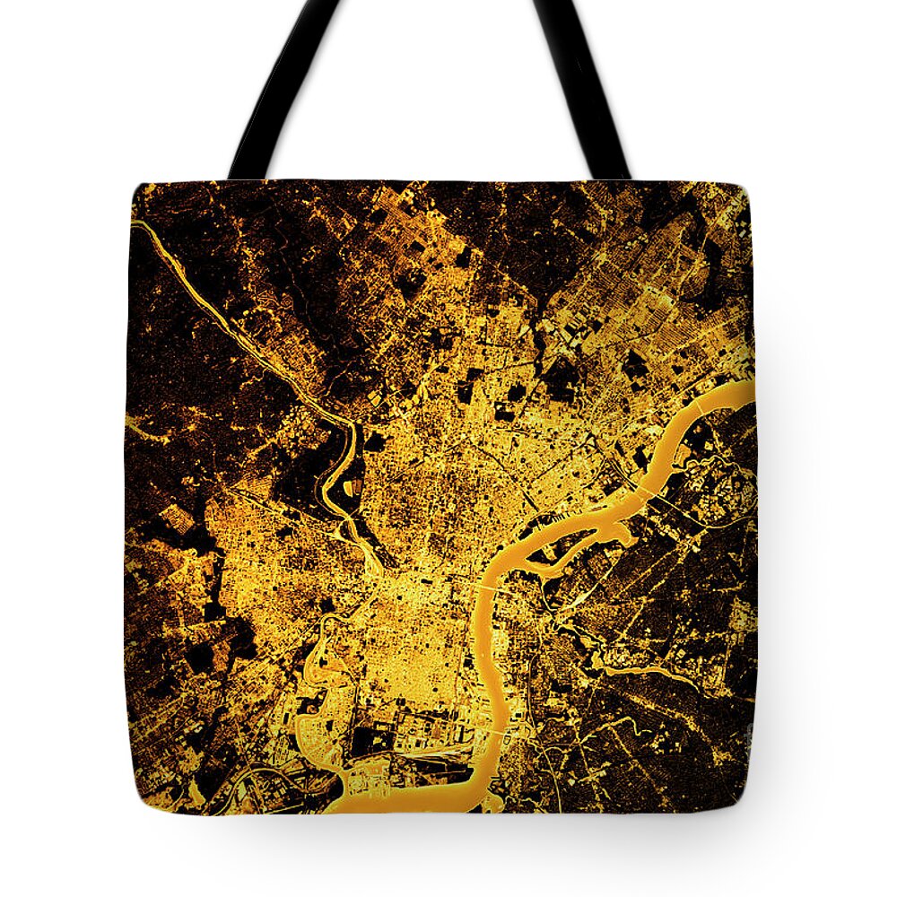 Philadelphia Tote Bag featuring the digital art Philadelphia Abstract City Map Golden by Frank Ramspott
