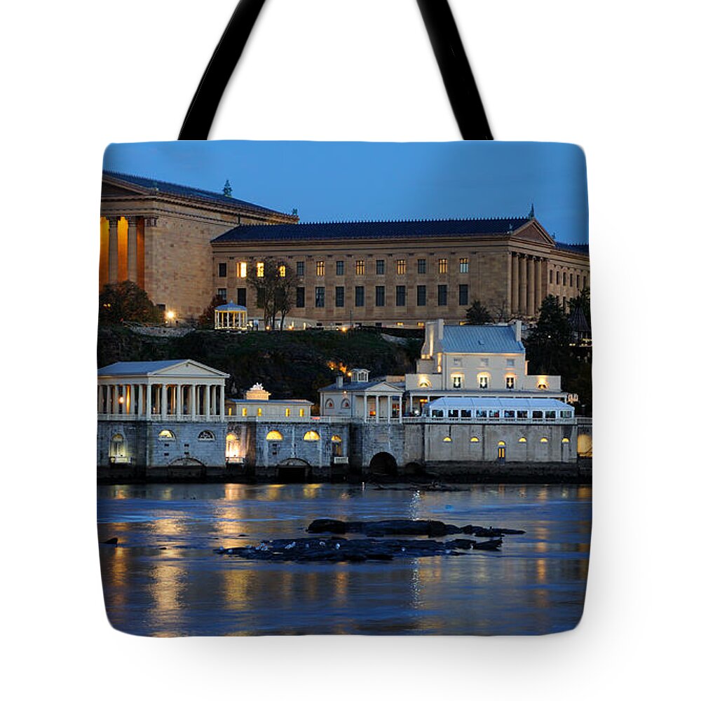 Philadelphia Tote Bag featuring the photograph Philadelphia Art Museum and Fairmount Water Works by Gary Whitton