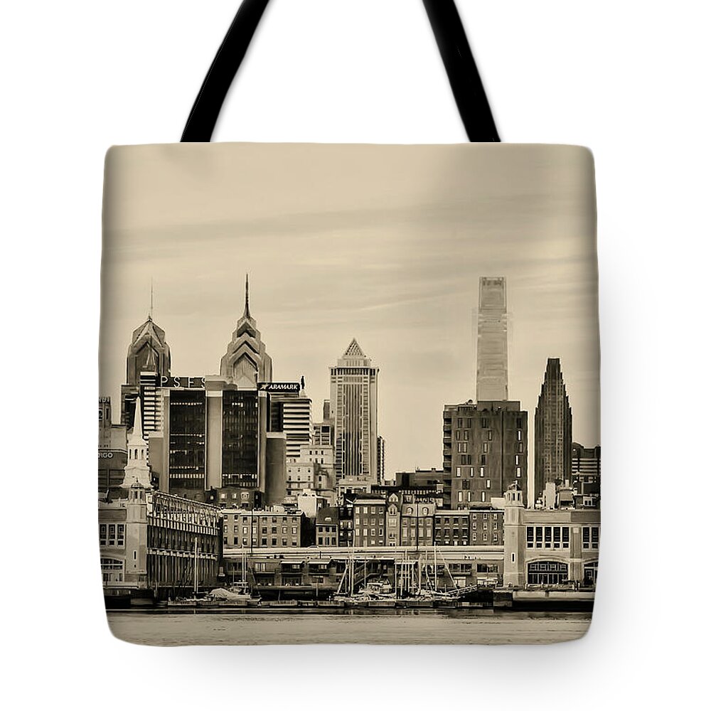 Philadelphia Tote Bag featuring the photograph Philadelphia from the Waterfront in Sepia by Bill Cannon