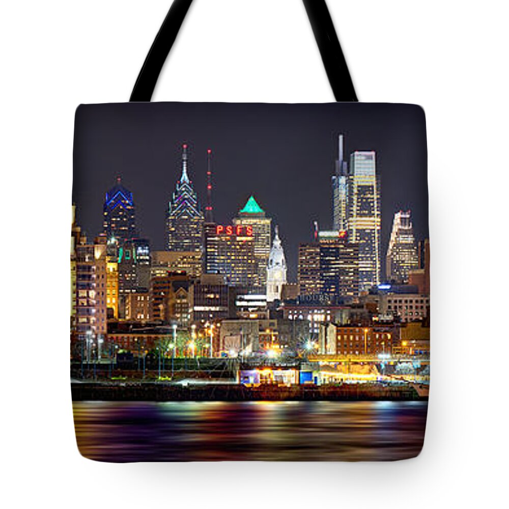 #faatoppicks Tote Bag featuring the photograph Philadelphia Philly Skyline at Night from East Color by Jon Holiday