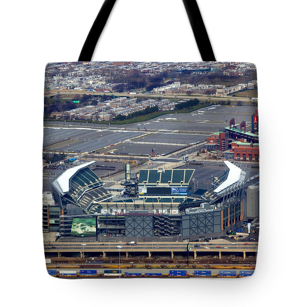 Aerial Tote Bag featuring the photograph Philadelphia Sports Complex by Anthony Totah