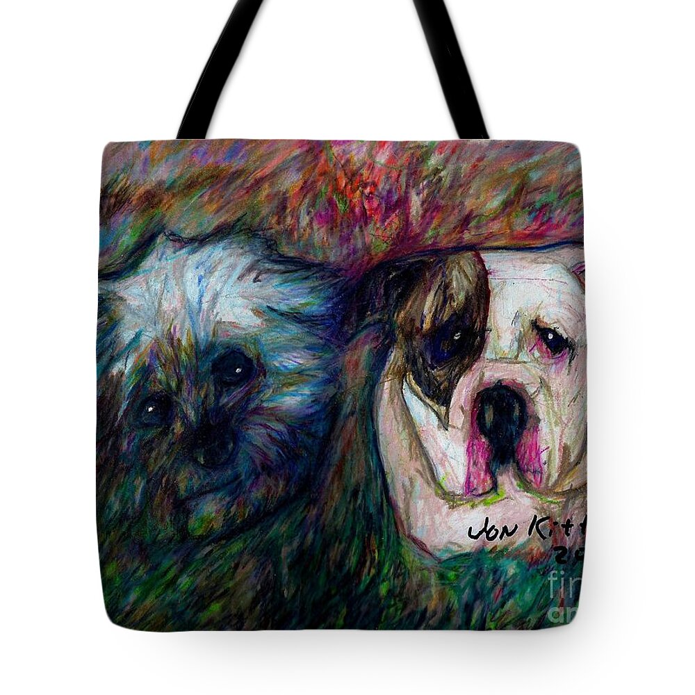 2 Family Dogs Tote Bag featuring the drawing Phoebe and Ace by Jon Kittleson