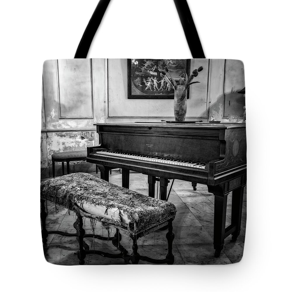 Joan Carroll Tote Bag featuring the photograph Piano at Josie's House BW by Joan Carroll