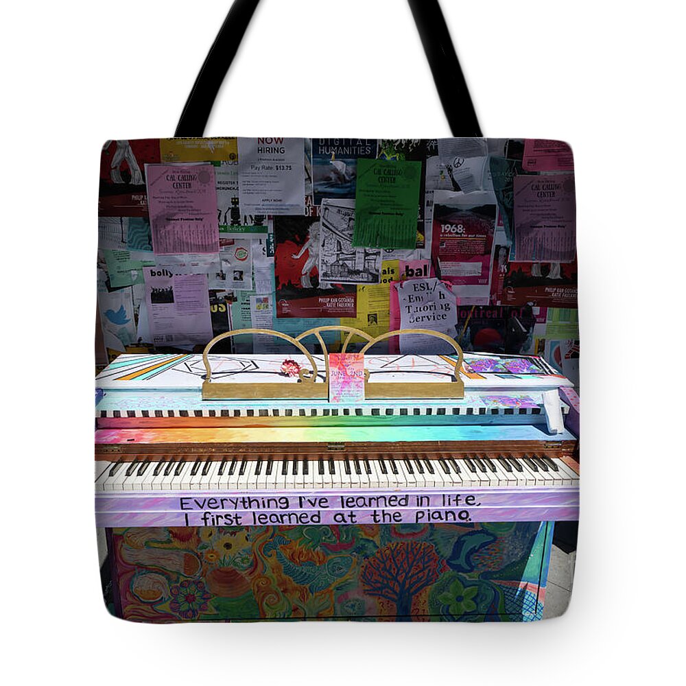 Wingsdomain Tote Bag featuring the photograph Piano at Tack Board On Sproul Plaza at the University of California Berkeley DSC6249 by San Francisco