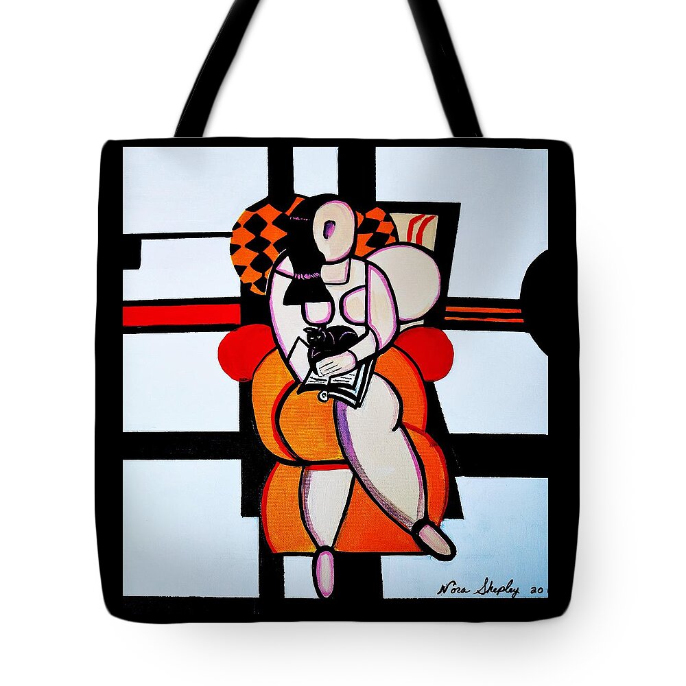 Abstract Tote Bag featuring the painting Picasso By Nora Cat Sitting by Nora Shepley