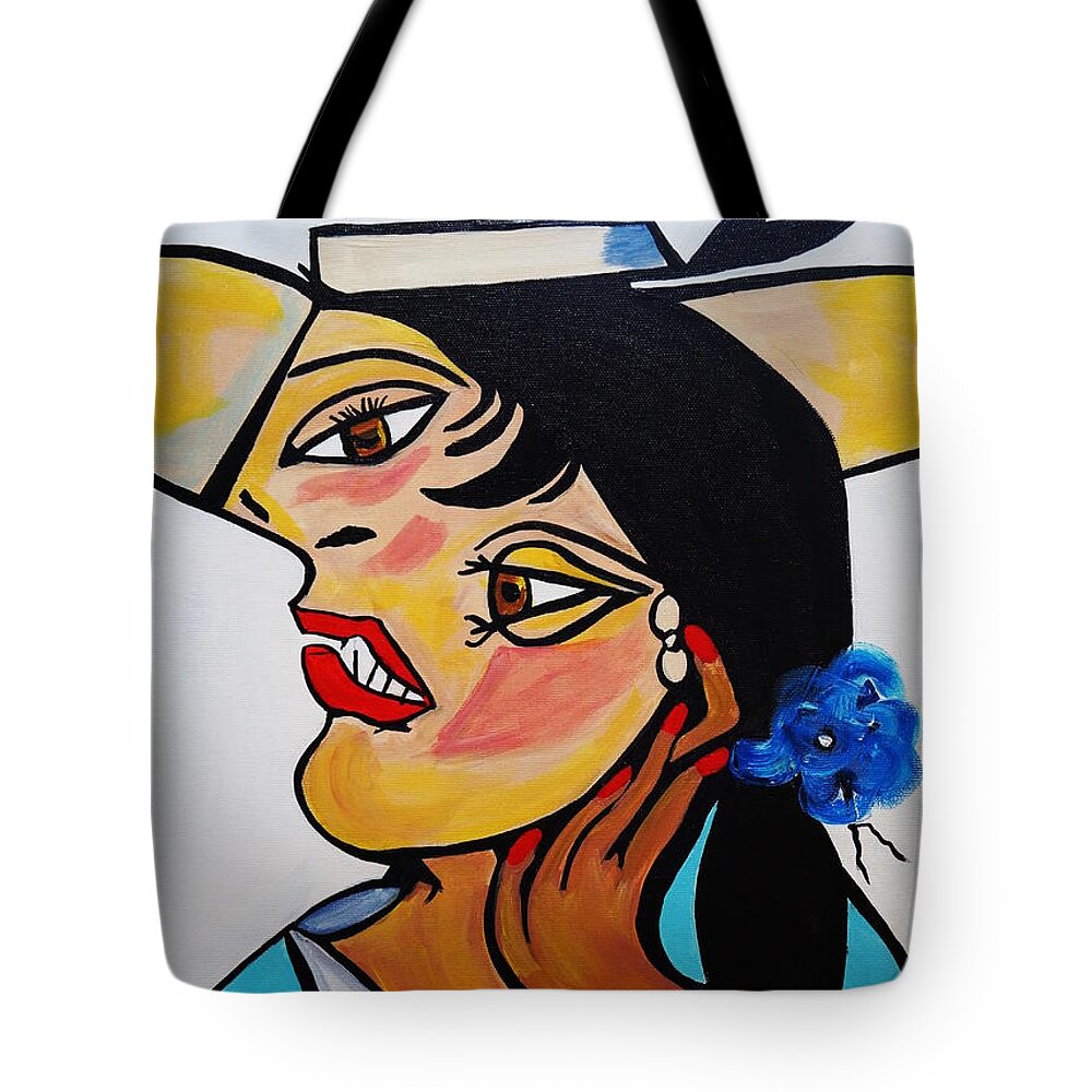 Picasso By Nora Tote Bag featuring the painting Yellow Hat Picasso by Nora Shepley