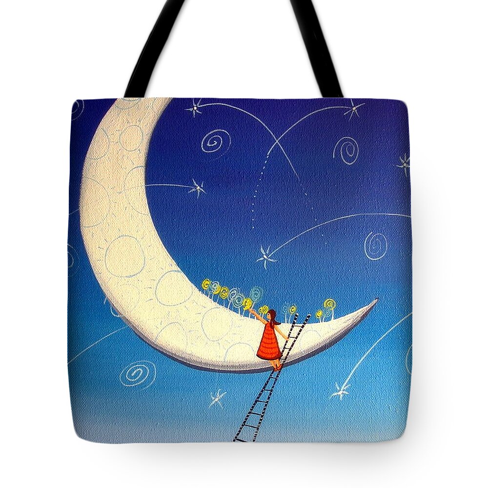 Art Tote Bag featuring the painting Picking Moon Flowers - whimsical landscape by Debbie Criswell