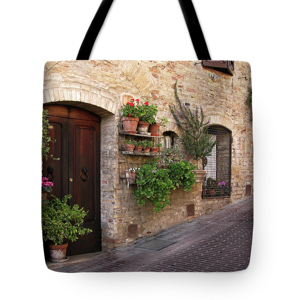 Street View Tote Bag featuring the photograph Pictursque Wall Garden San Gimignano Tuscany Italy by Lily Malor