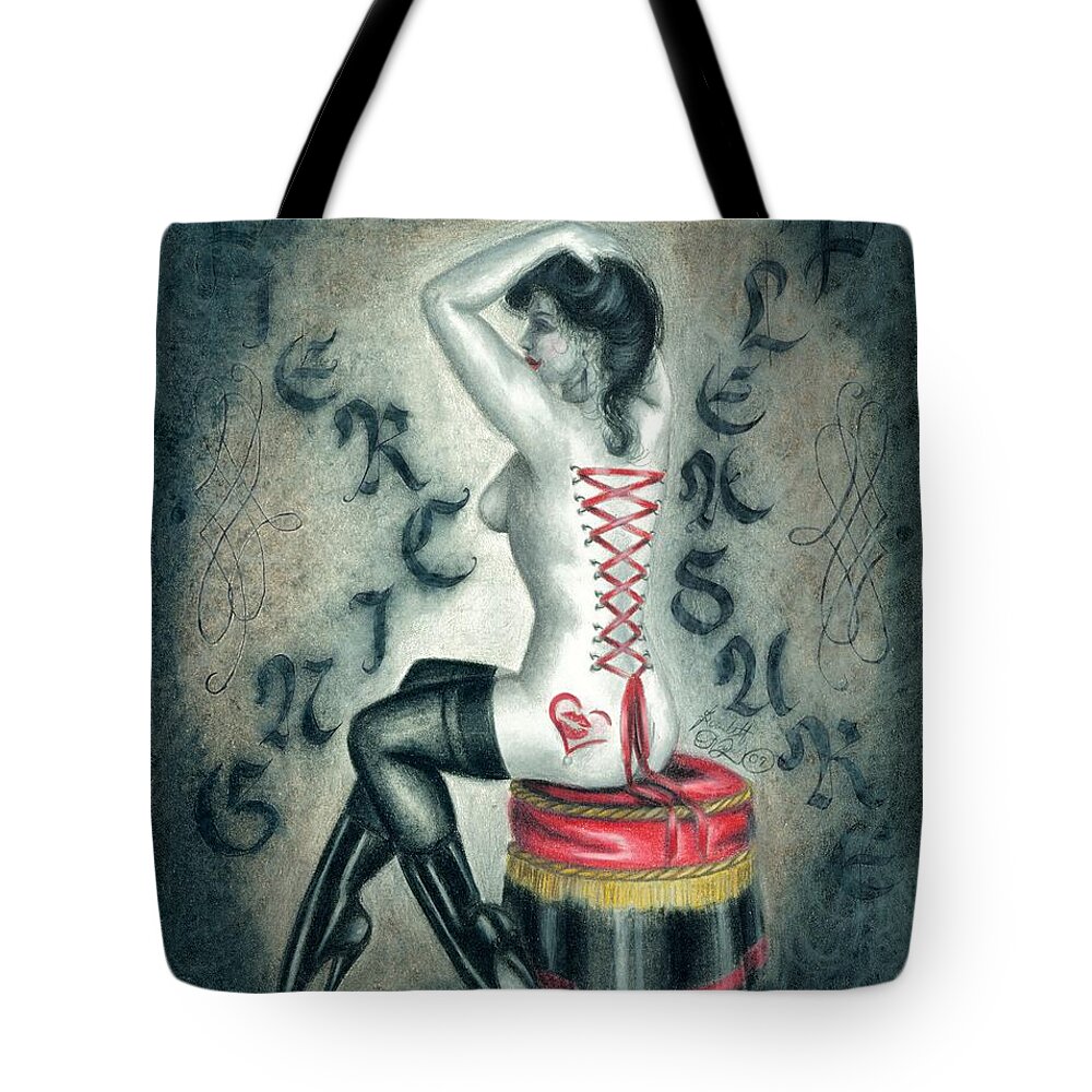 Erotic Tote Bag featuring the drawing Piercing Pleasure by Scarlett Royale