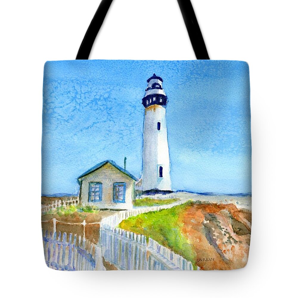 Pigeon Point Lighthouse Tote Bag featuring the painting Pigeon Point Lighthouse California by Carlin Blahnik CarlinArtWatercolor