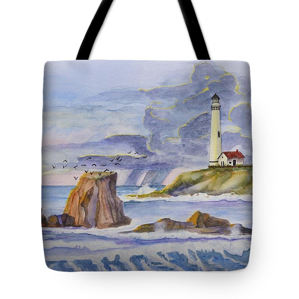 Linda Brody Tote Bag featuring the painting Pigeon Point Lighthouse by Linda Brody