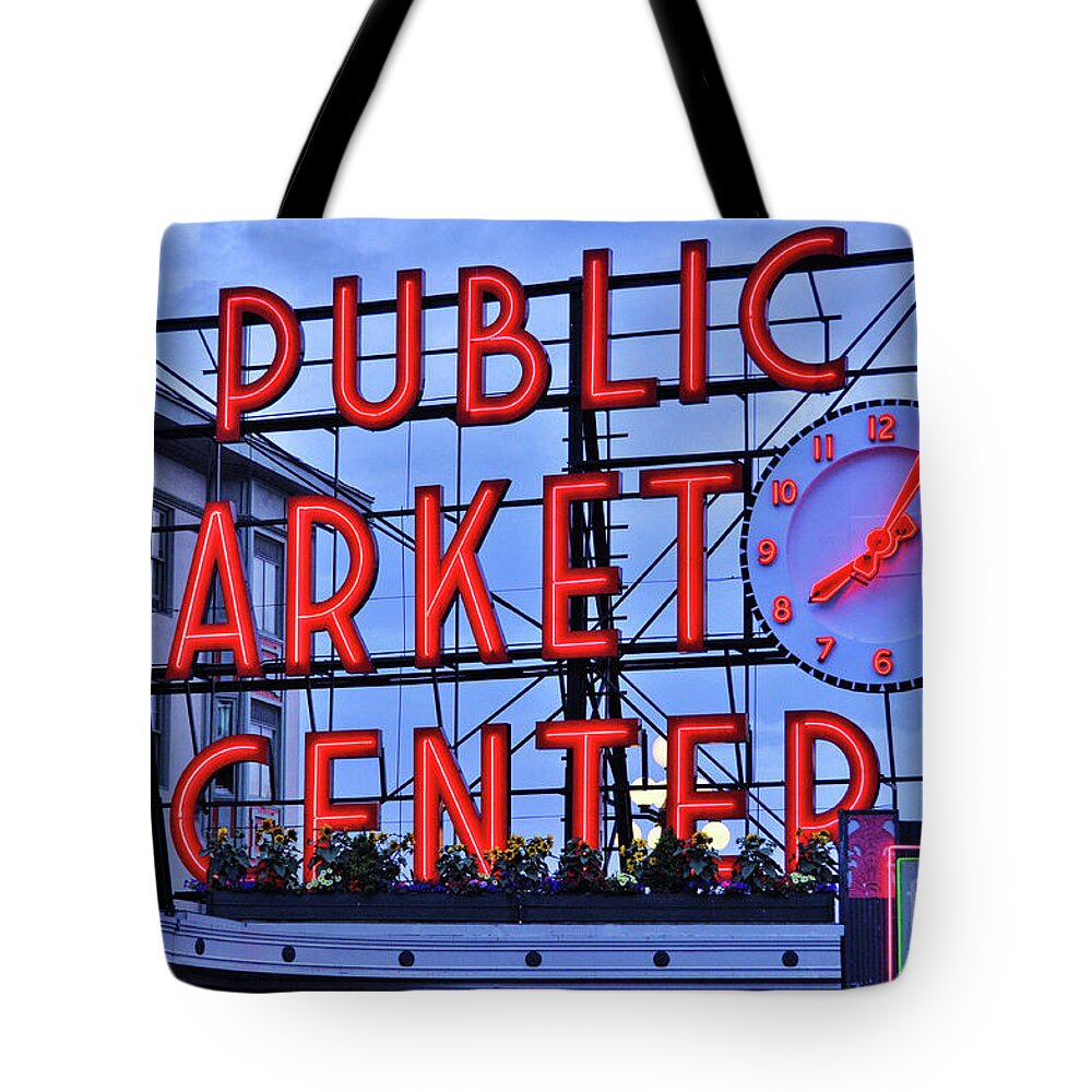 City Scenes Tote Bag featuring the photograph Pike Place Market by Allen Beatty