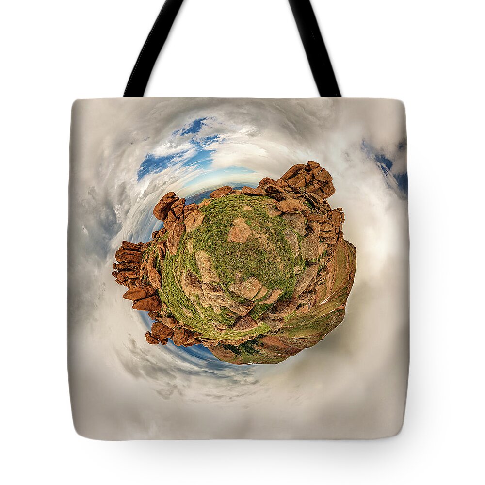 American West Tote Bag featuring the photograph Pikes Peak Tiny Planet #2 by Chris Bordeleau