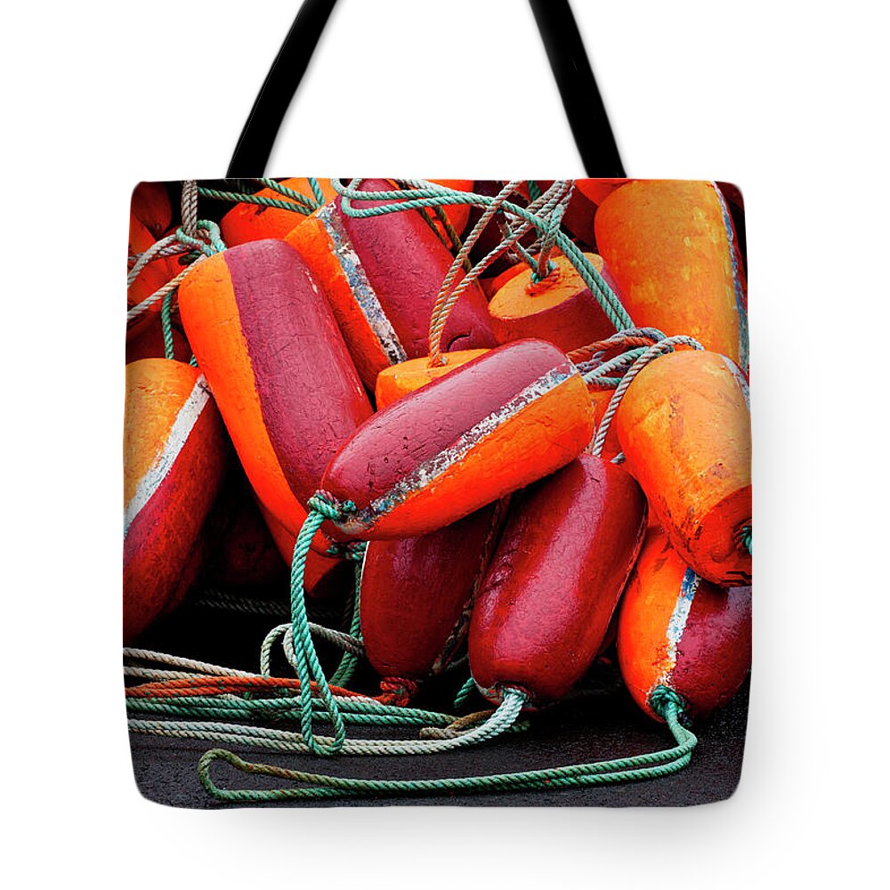 Pile of Fishnet Buoys Orange and Red Tote Bag by Carol Leigh