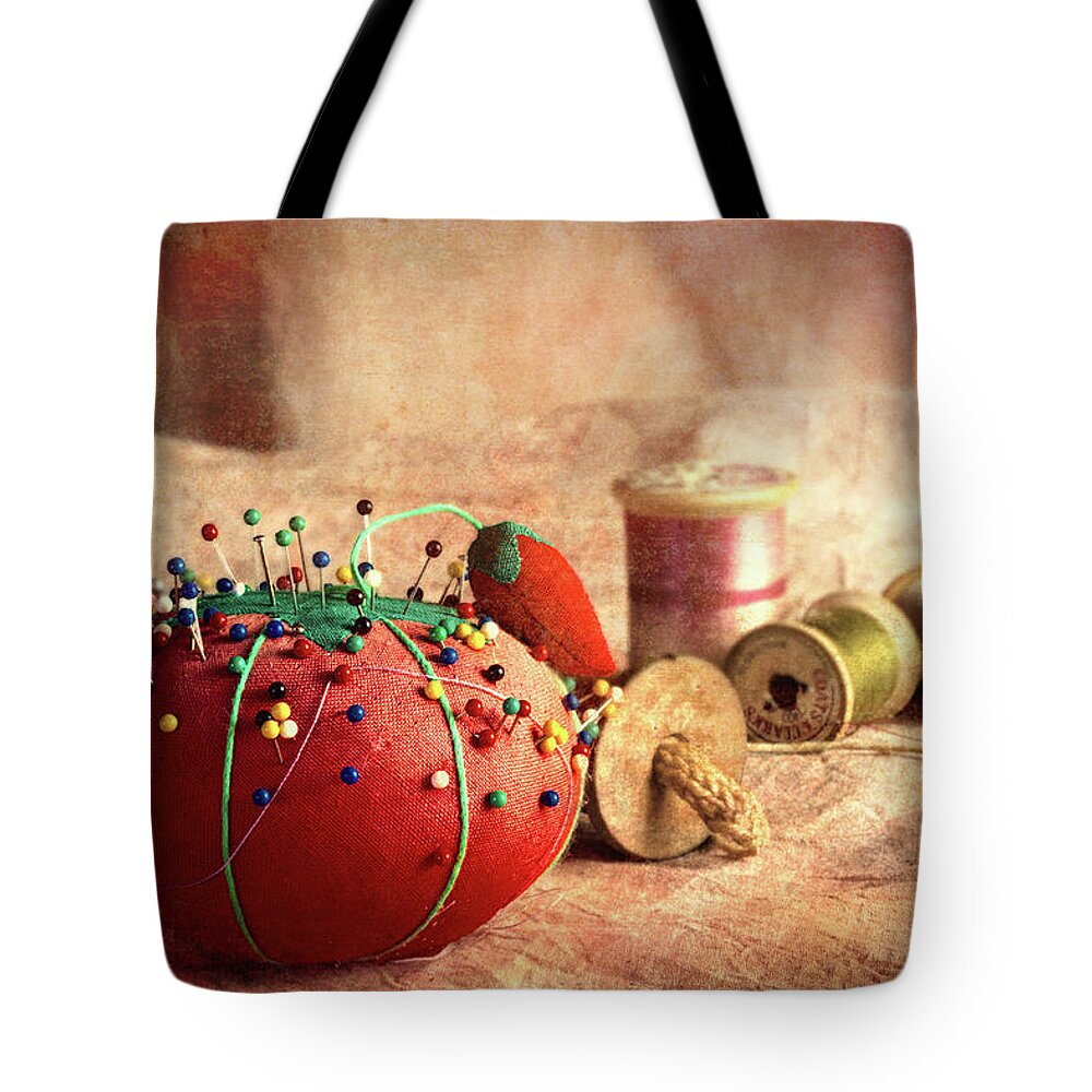 Sew Tote Bag featuring the photograph Pin Cushion and Wooden Thread Spools by Tom Mc Nemar