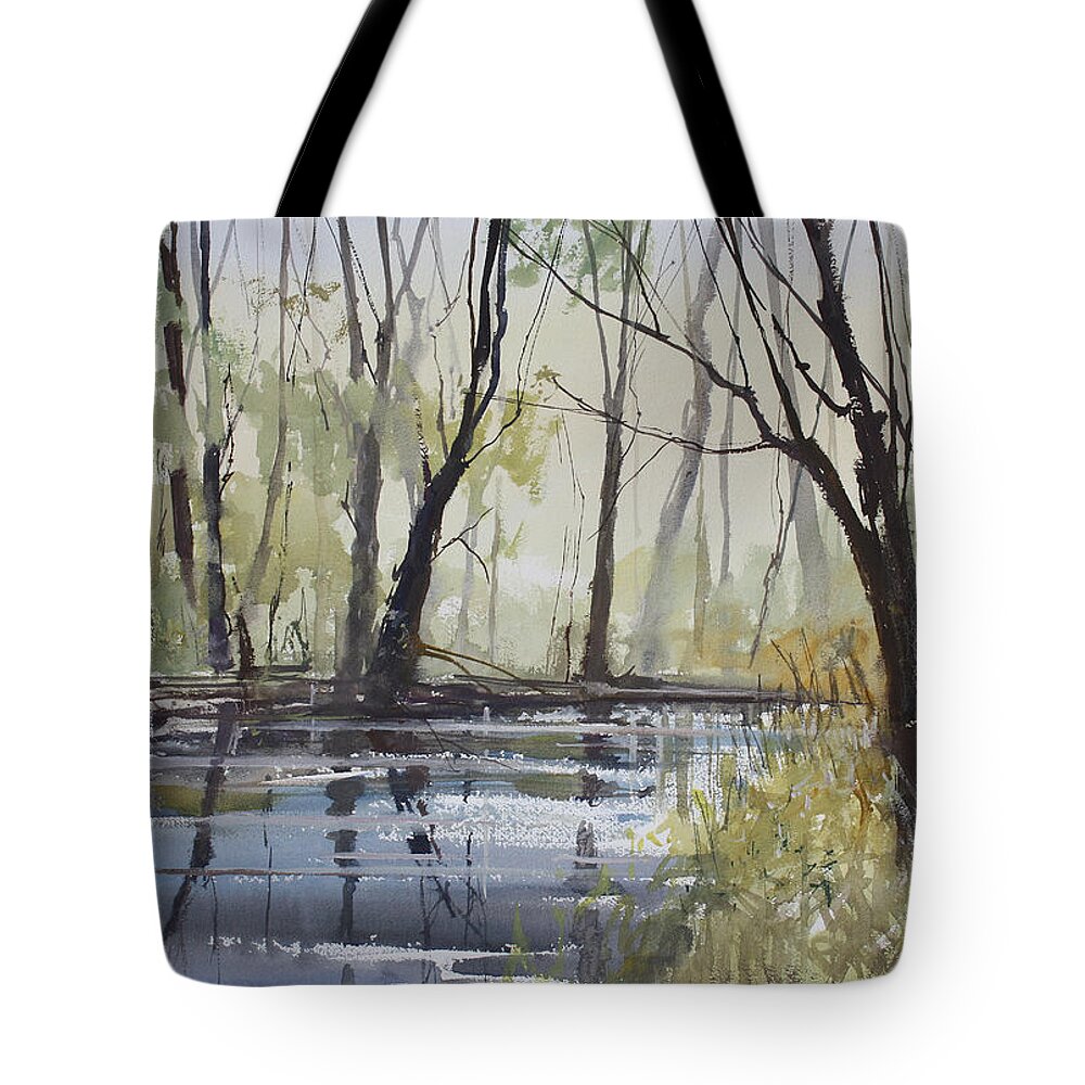 Ryan Radke Tote Bag featuring the painting Pine River Reflections by Ryan Radke