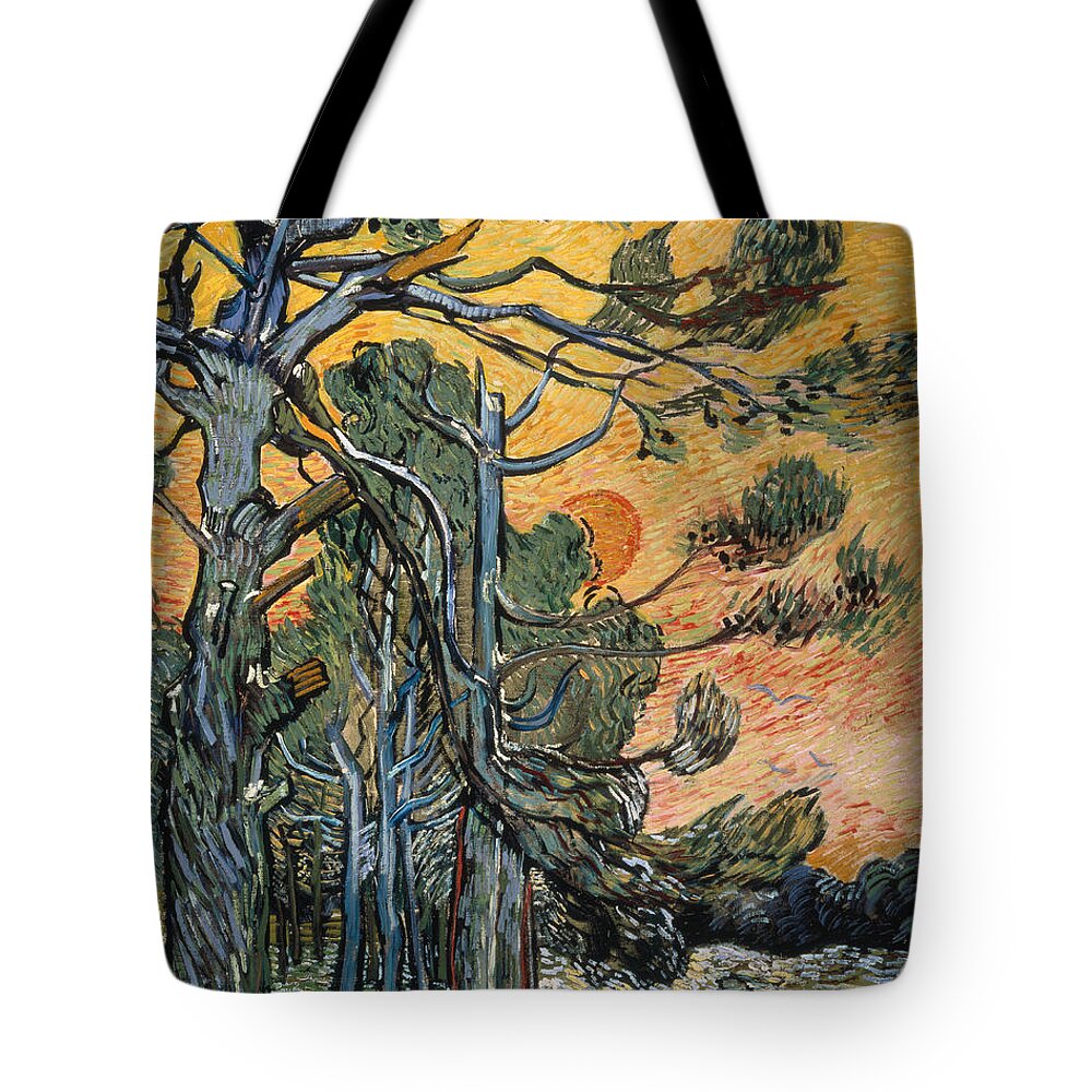 Pine Trees At Sunset Tote Bag featuring the painting Pine Trees at Sunset by Vincent van Gogh