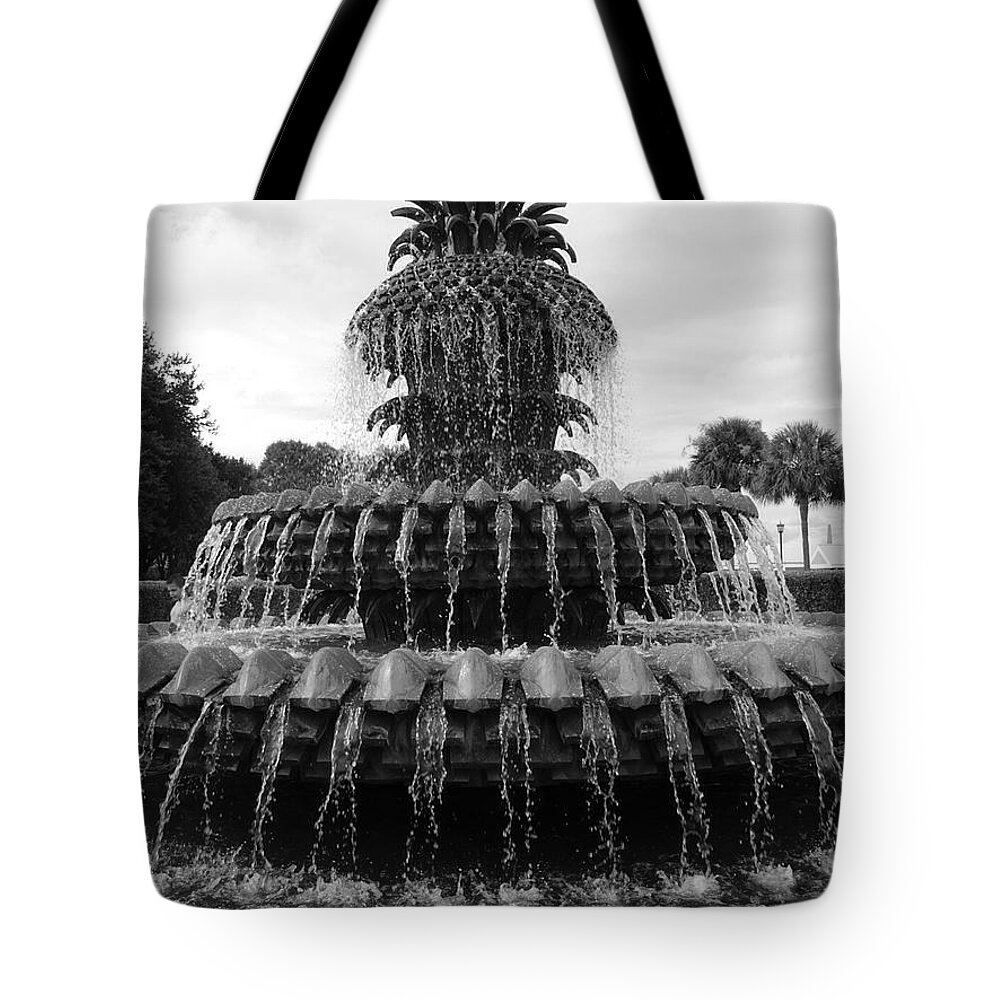 Charleston Tote Bag featuring the photograph Pineapple Fountain BW by FineArtRoyal Joshua Mimbs