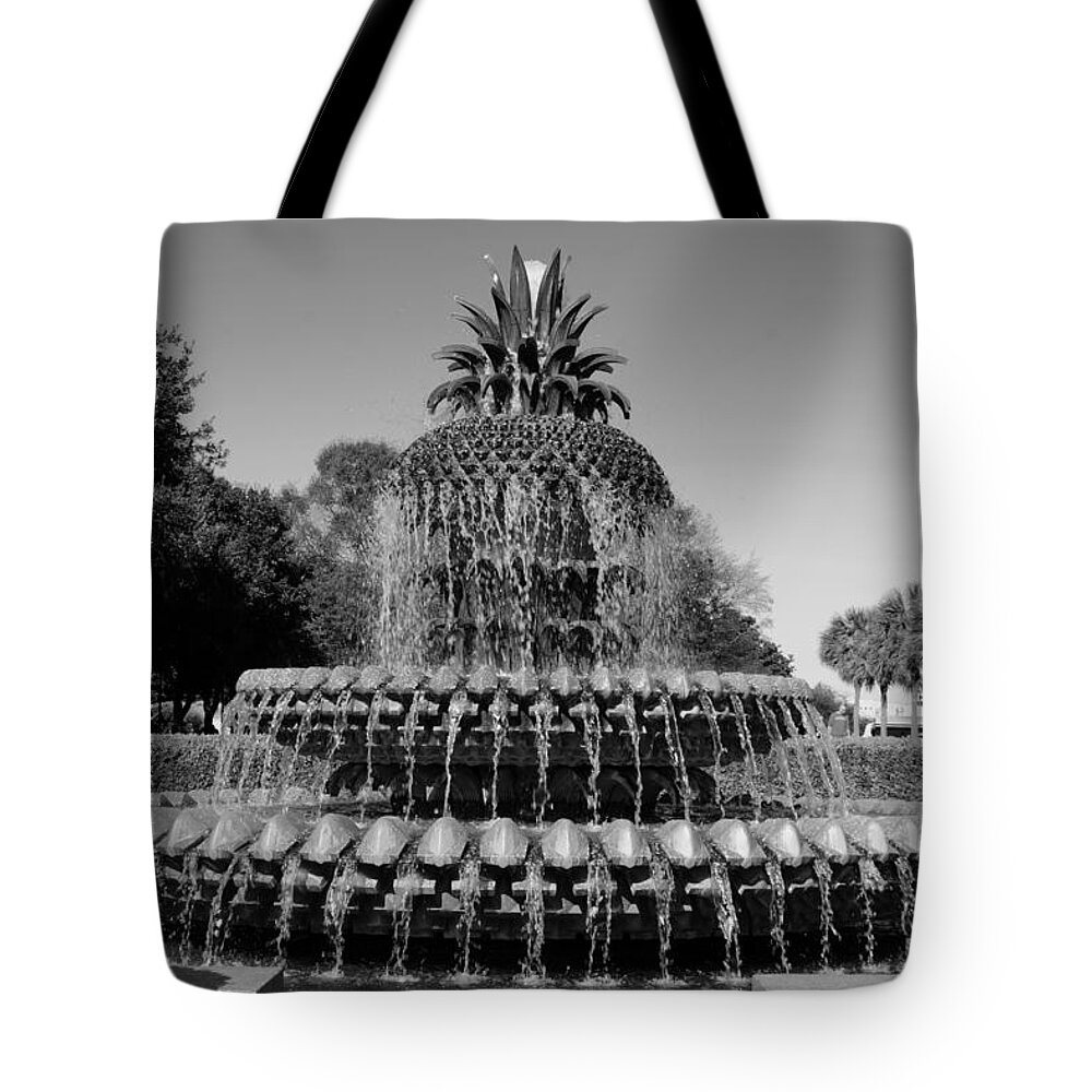 Pine Apple Fountain Charleston Sc Tote Bag featuring the photograph Pineapple Fountain Charleston SC Black and White by Lisa Wooten