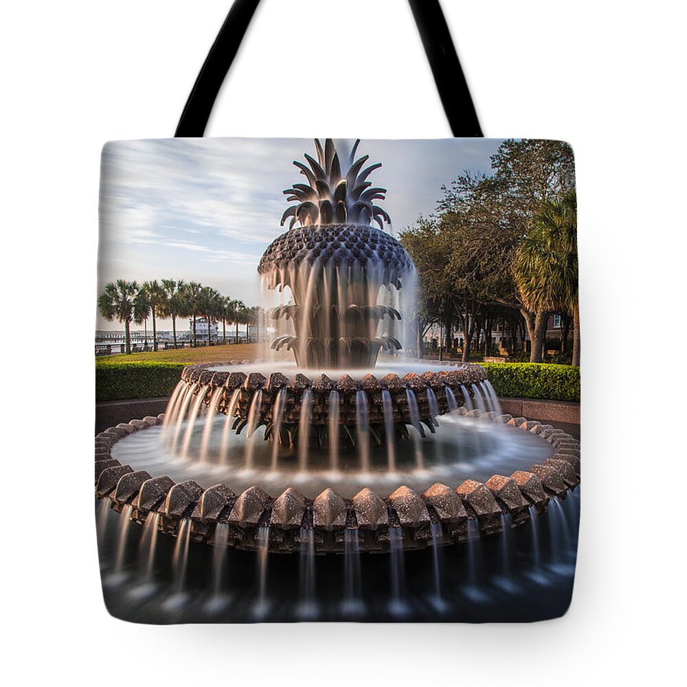 Pineapple Tote Bag featuring the photograph Pineapple Fountain Charleston Sunrise by John McGraw