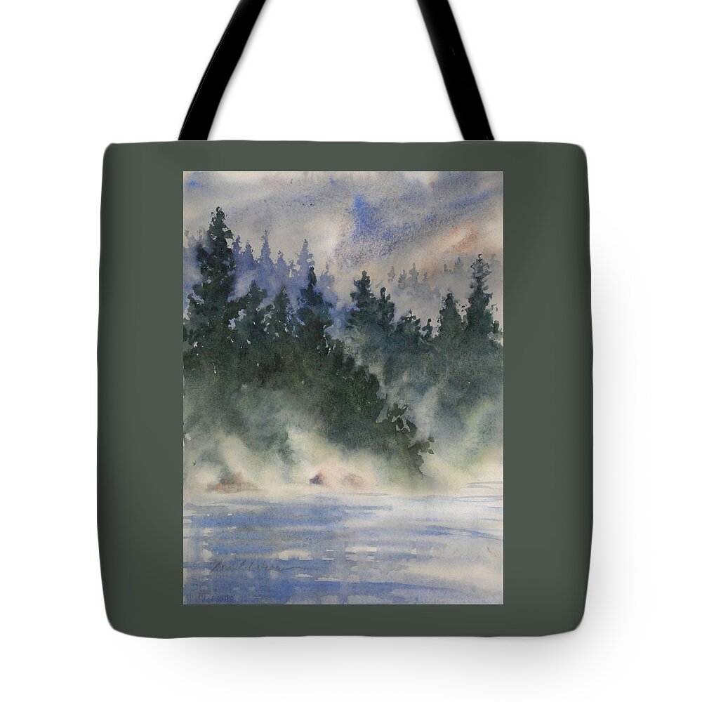 Landscape Tote Bag featuring the painting Pines in Mist by Heidi E Nelson