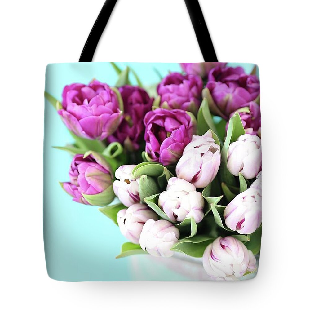 Photography Tote Bag featuring the photograph Pink And Purple Tulips by Sylvia Cook