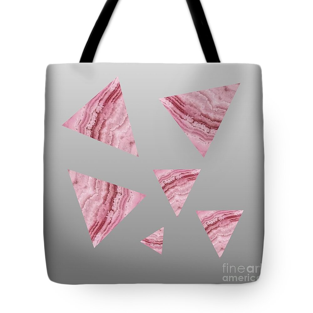 Blue Lace Agate Tote Bag featuring the digital art Pink Blue Lace Agate Triangles on Grey by Rachel Hannah