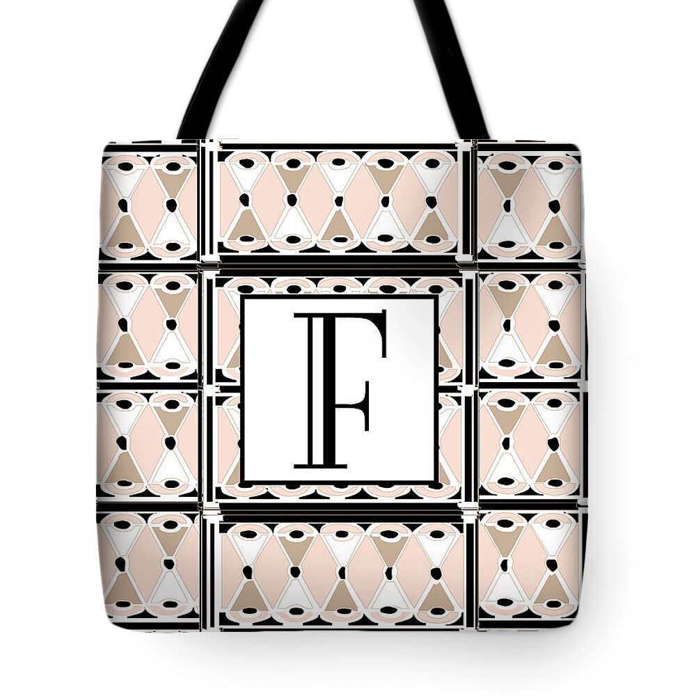 Art Deco Tote Bag featuring the digital art Pink Champagne Deco Monogram F by Cecely Bloom