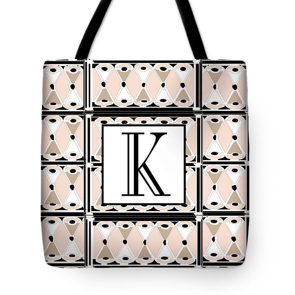 Art Deco Tote Bag featuring the digital art Pink Champagne Deco Monogram K by Cecely Bloom