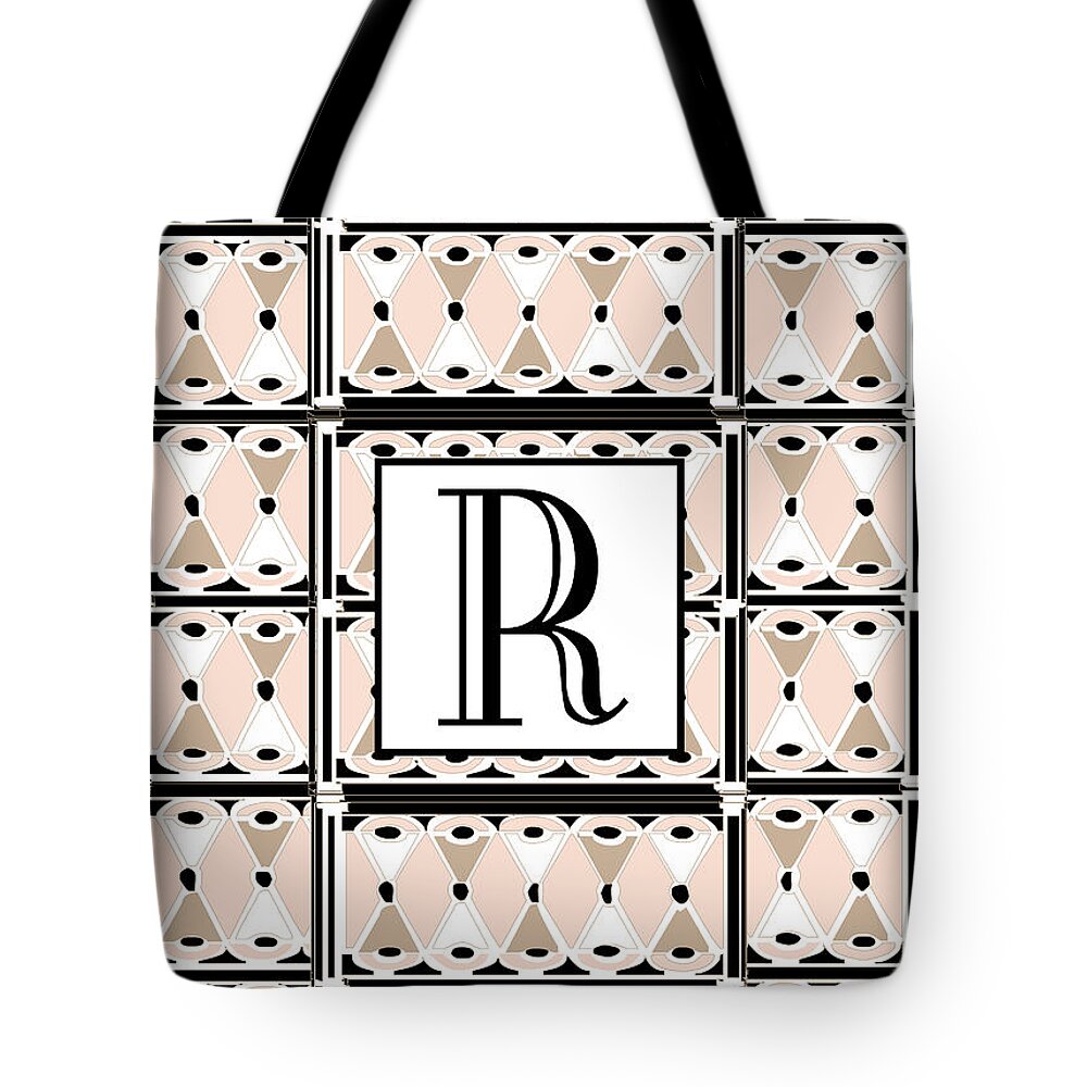 Art Deco Tote Bag featuring the digital art Pink Champagne Deco Monogram R by Cecely Bloom