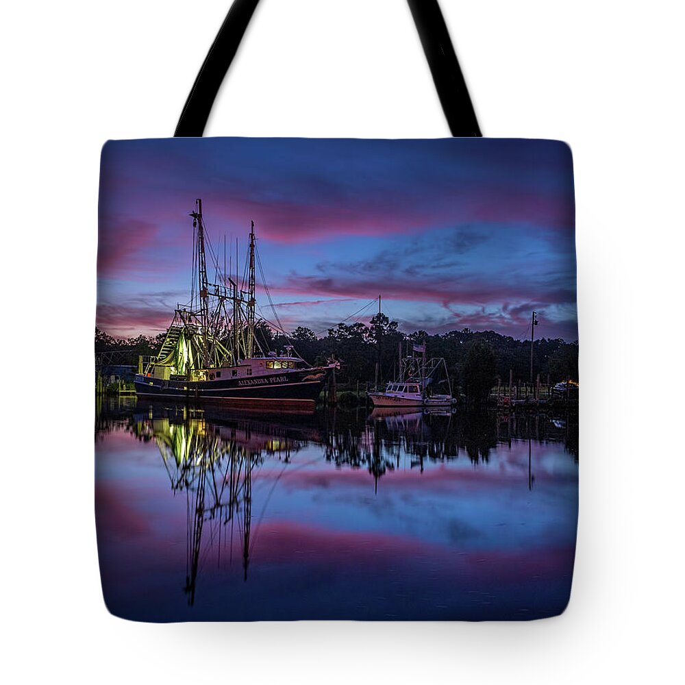 Boat Tote Bag featuring the photograph Pink Clouds Frame a Shrimp Boat by Brad Boland