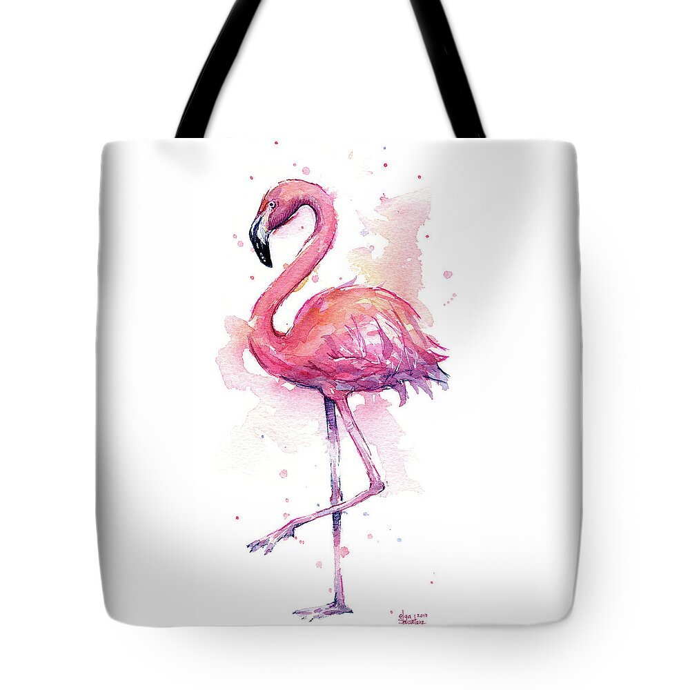 Flamingo Tote Bag featuring the painting Pink Flamingo Watercolor Tropical Bird by Olga Shvartsur