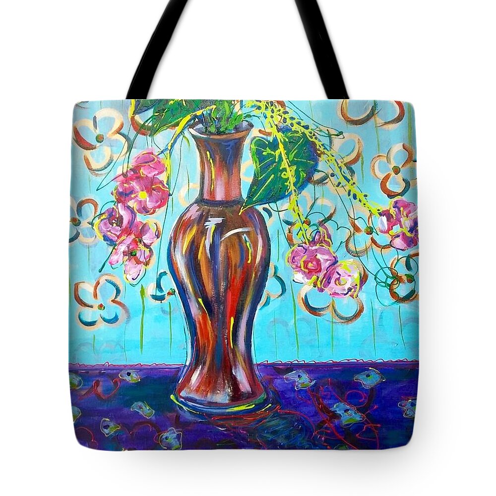 Colorful Tote Bag featuring the painting Pink Flower Still Life by Catherine Gruetzke-Blais