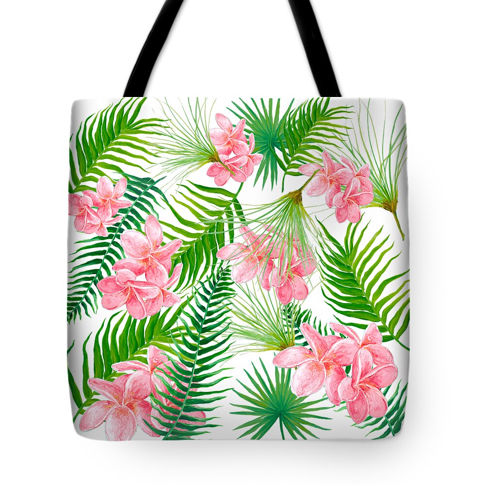 Fern Leaves Tote Bag featuring the painting Pink Frangipani and Fern Leaves by Jan Matson