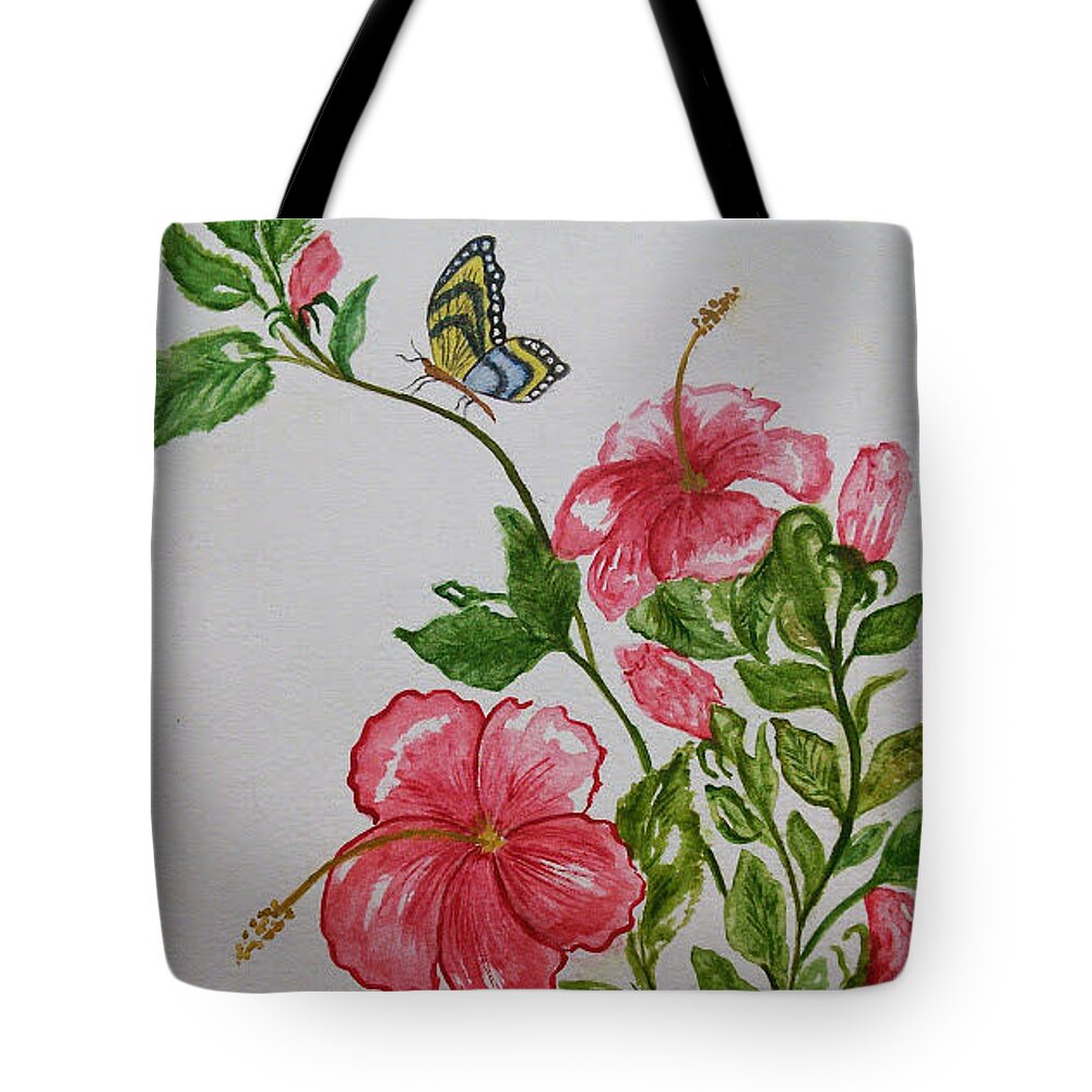 Floral Tote Bag featuring the painting Pink Hibiscus with Butterfly by Susan Nielsen
