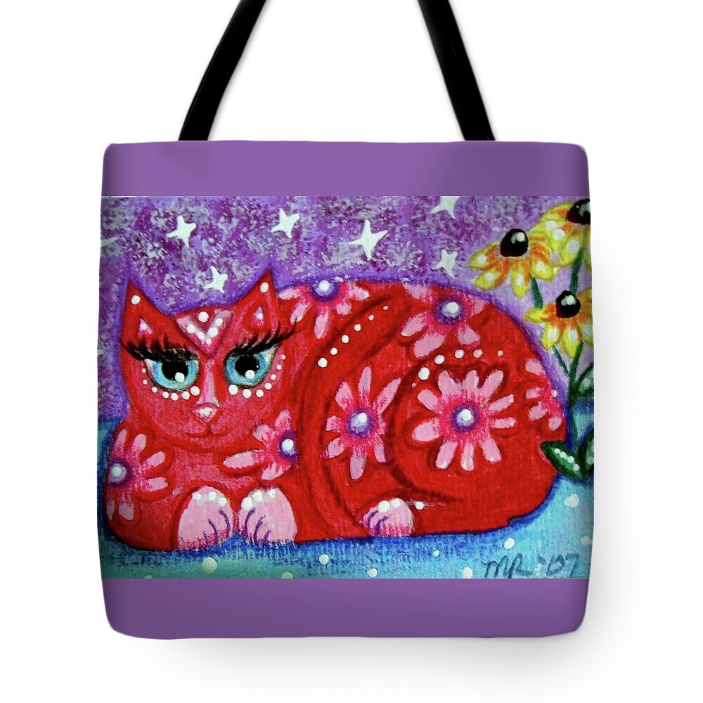 Kitty Tote Bag featuring the painting Pink Kitty Cat With Black Eyed Susans by Monica Resinger
