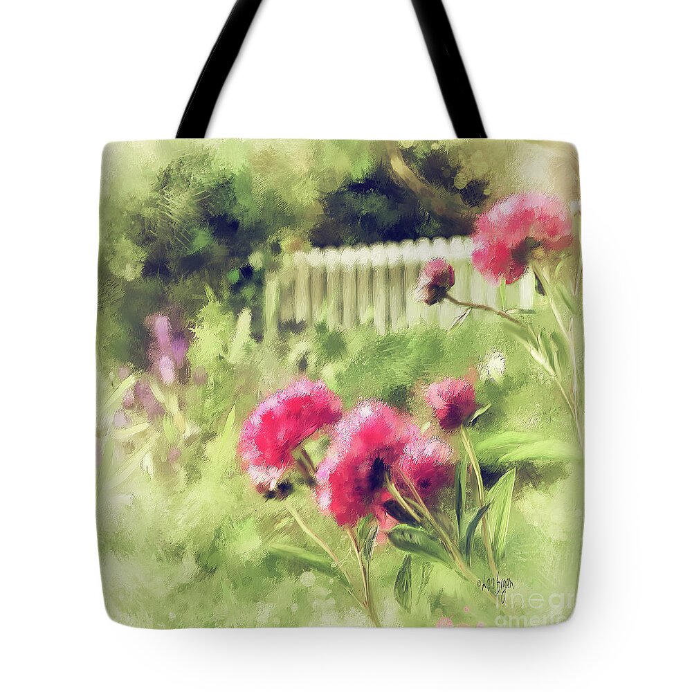Peony Tote Bag featuring the digital art Pink Peonies In A Vintage Garden by Lois Bryan