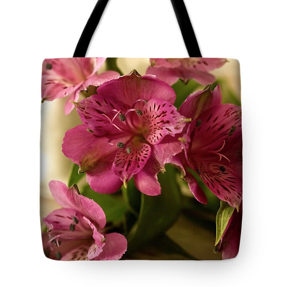 Pink Tote Bag featuring the photograph Pink Peruvian Lilies in Repose by Cheryl Day