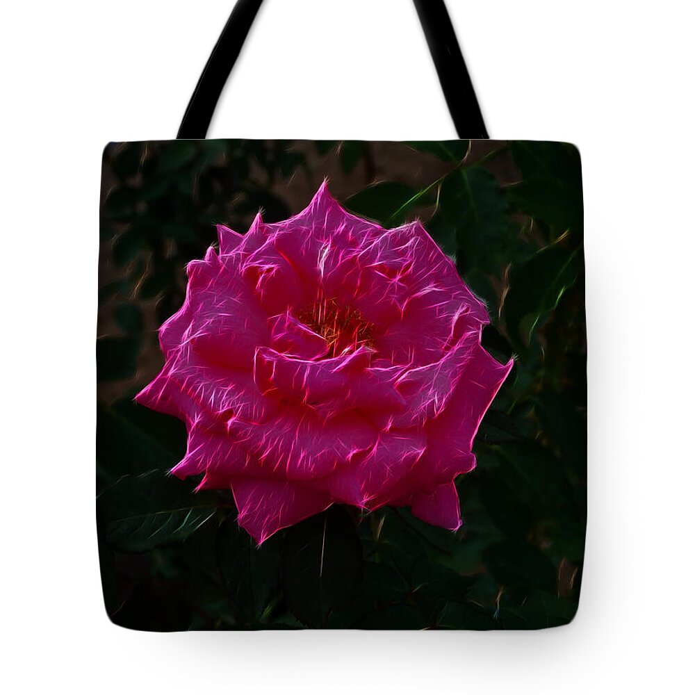 Rose Tote Bag featuring the digital art Pink Rose Electric by Flees Photos