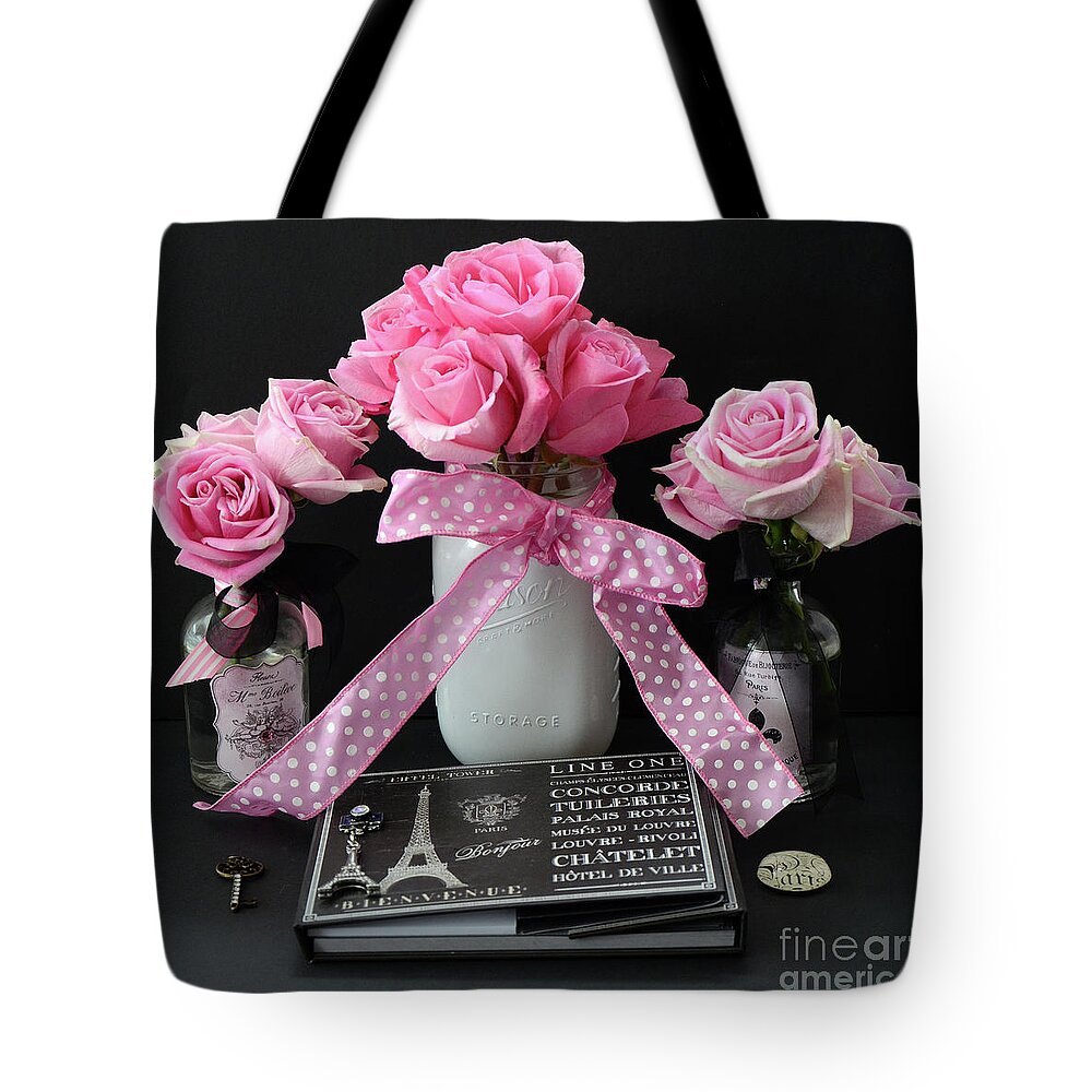 Paris Tote Bag featuring the photograph Pink Roses French Decor - Pink and Black Parisian Wall Art - Pink Roses French Home Decor by Kathy Fornal