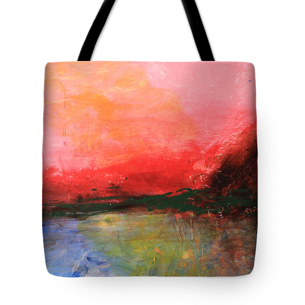 Pink Tote Bag featuring the painting Pink Sky over Water Abstract by April Burton