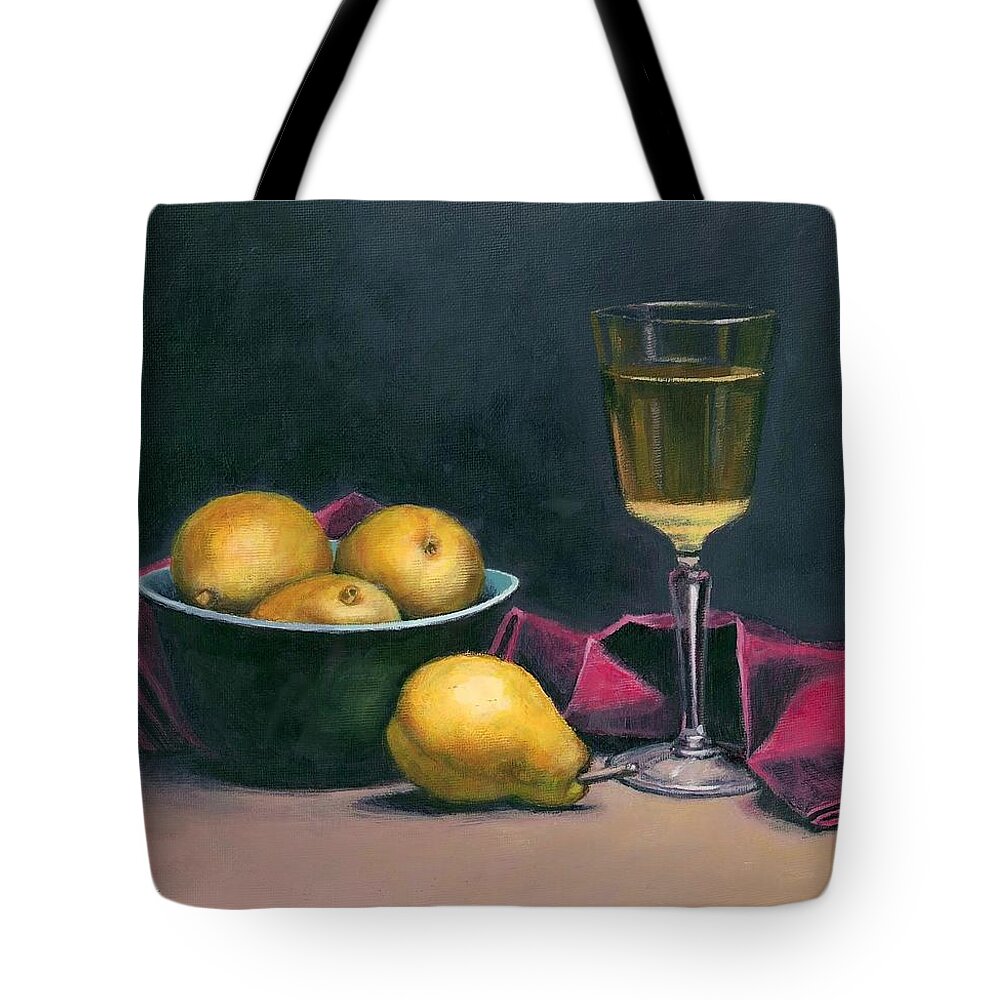 Pinot Grigio Tote Bag featuring the painting Pinot and Pears Still Life by Janet King