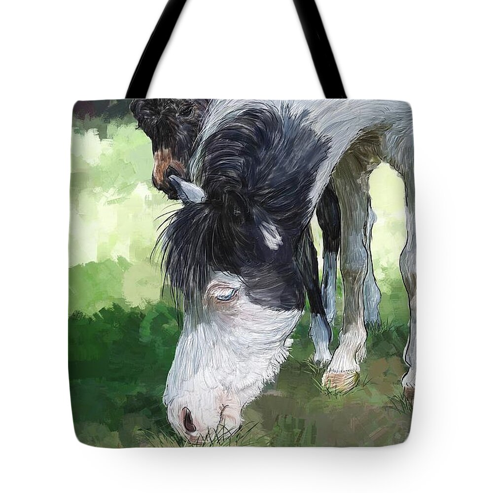 Animal Tote Bag featuring the digital art Pinto pony and baby by Debra Baldwin