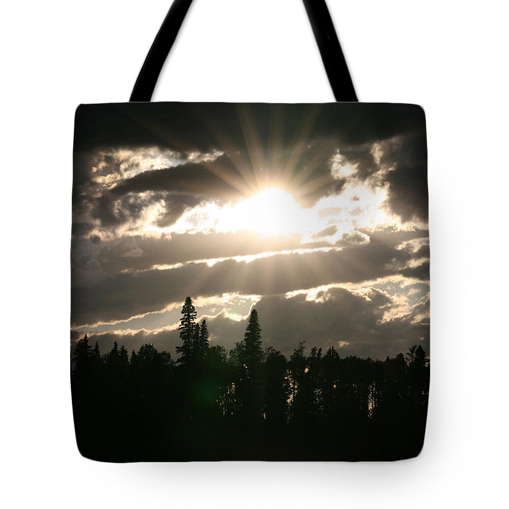Sunset Water Lake Forest Trees Sun Clouds Tote Bag featuring the photograph Piprell Lake Saskatchewan by Andrea Lawrence
