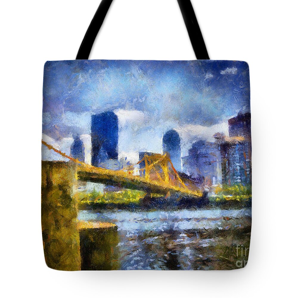 Pittsburgh Tote Bag featuring the digital art Pittsburgh North Shore Skyline by Amy Cicconi