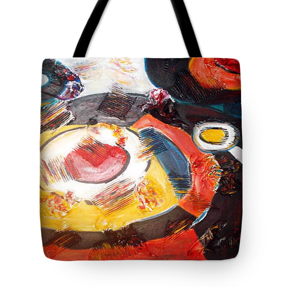 Acrylic Abstract Tote Bag featuring the painting Planets Exploration by Yael VanGruber