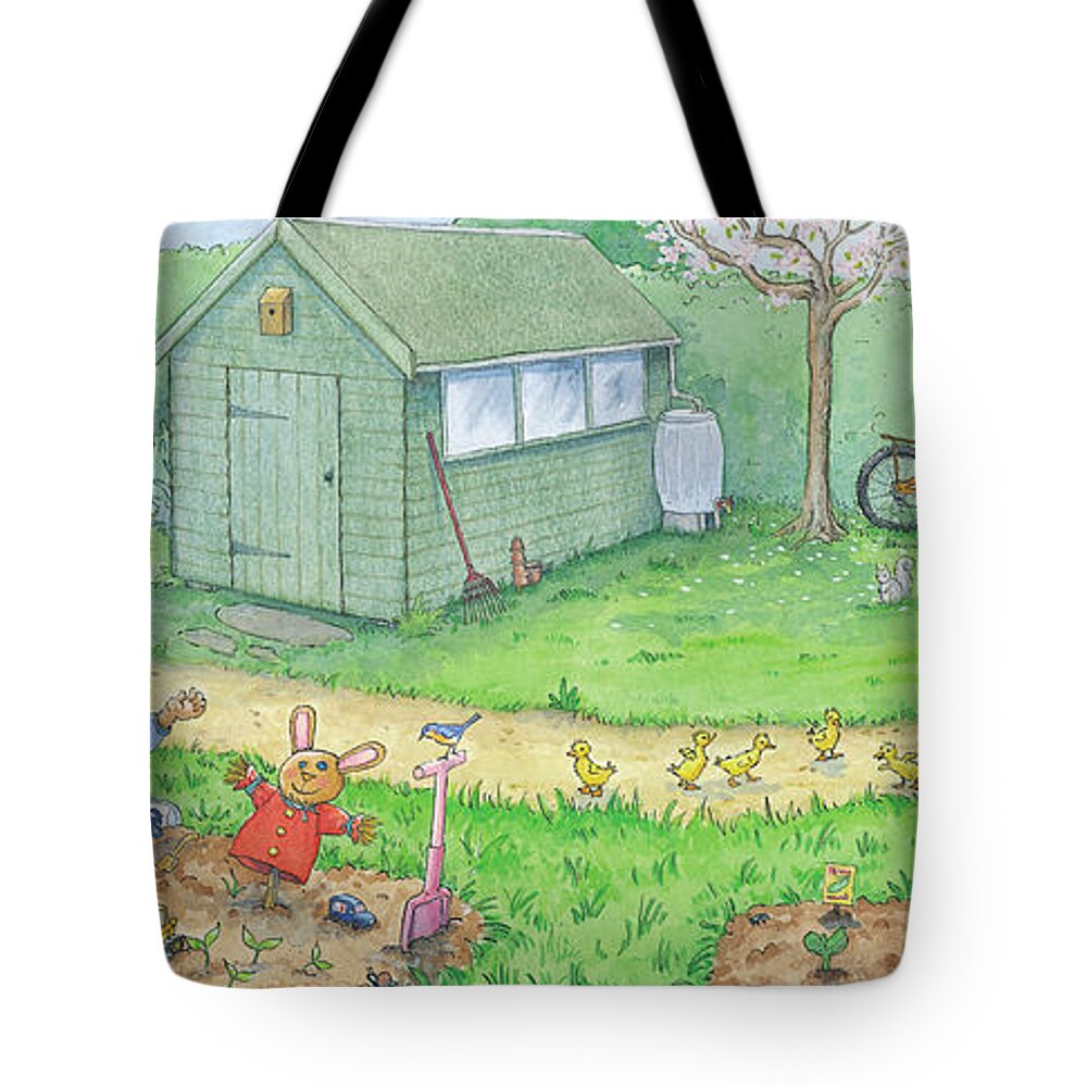  Tote Bag featuring the painting Planting a Vegetable Garden -- With Text by June Goulding