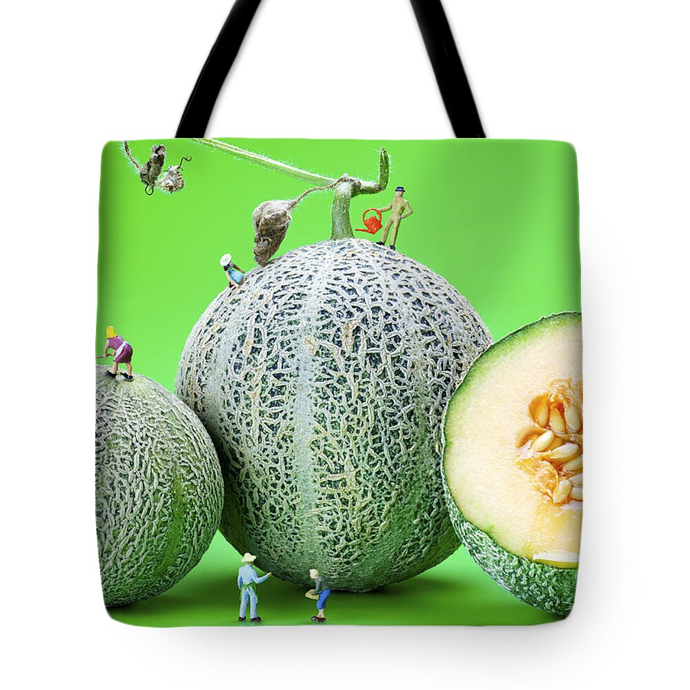 Plant Tote Bag featuring the photograph Planting cantaloupe melons little people on food by Paul Ge